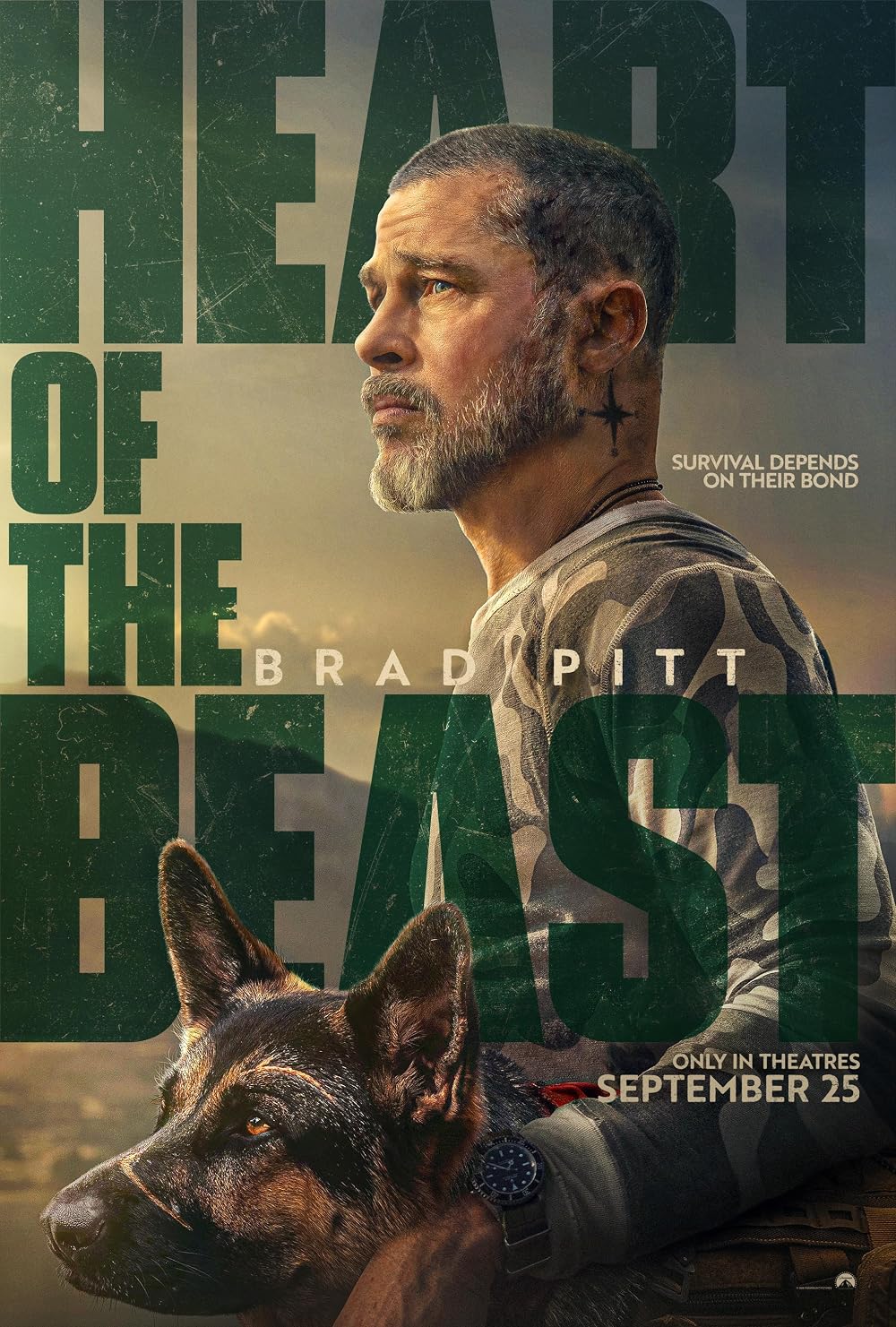 Plakat for Heart of the Beast med Brad Pitt og schæferhunden Odin
