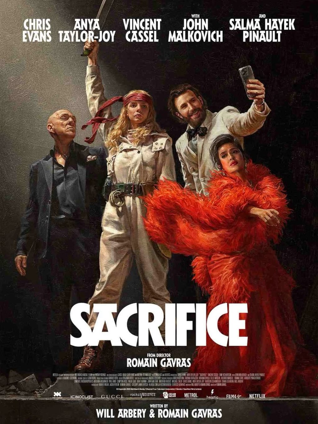Plakat til Sacrifice (2025) af Romain Gavras med Chris Evans, Anya Taylor-Joy, Vincent Cassel, John Malkovich og Salma Hayek Pinault